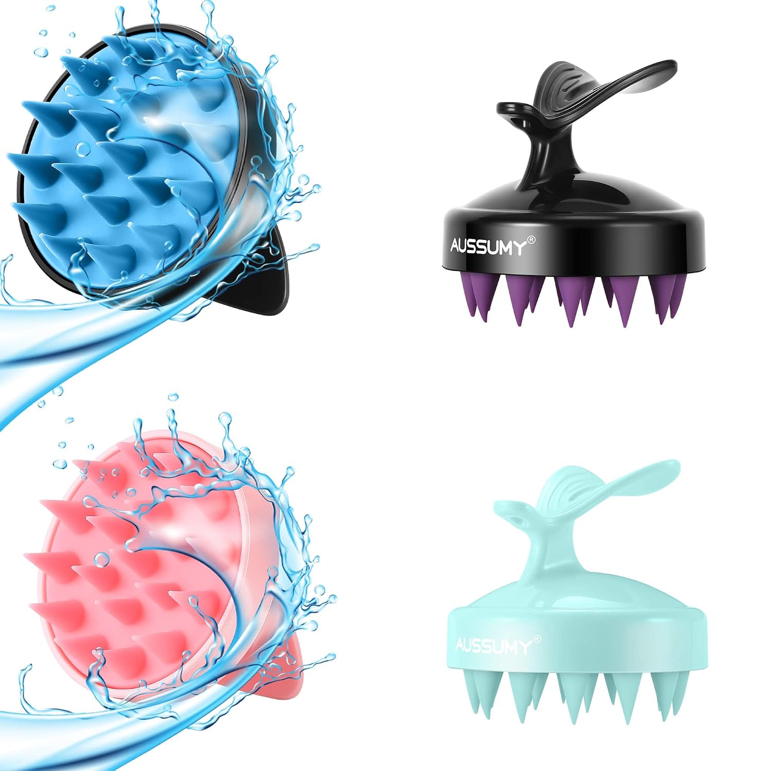 scalp massager shampoo brush (4-pack) — scalp scrubber with soft silicone bristles for hair growth & dandruff removal & exfoliator - ideal for body shower & head washing for women, men, & kids (purple + blue + pink + green)
