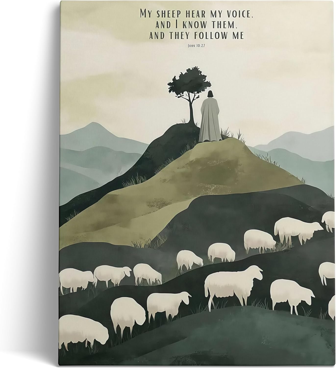 Jesus Christ Shepherd Canvas Wall Art,Hand-Painted Bible Verse Canvas Poster Print “My Sheep Hear My Voice” John 10:27 Bible Verse picture print,eye-catching Spiritual Home Decor,Framed16 x 24In