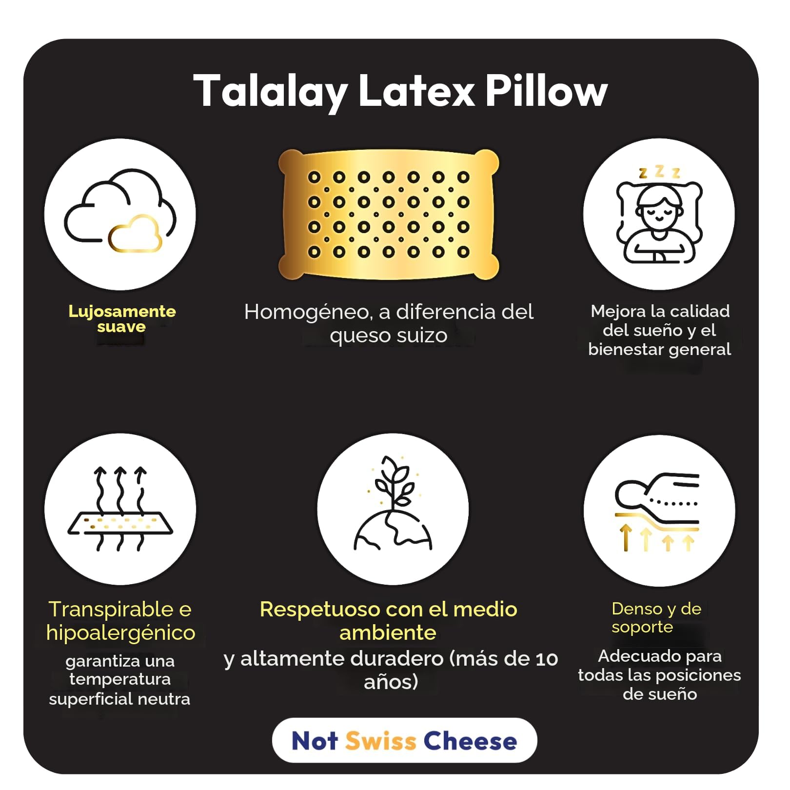 Almohada de Látex Talalay | Almohada Latex Natural Ergonómica y Transpirable | Soporte Cervical | Confort de Lujo Suave | Funda Lavable | Tamaño Queen | 27.5 x 15.7 x 5.9 in