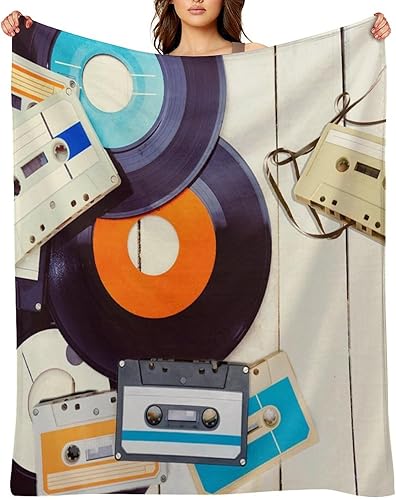 Miniatura 20 de Colorida manta de franela con cinta de casete de los años 80, estilo retro rústico de los años 70 y 80, cintas mecánicas de acuarela suave, cálida y