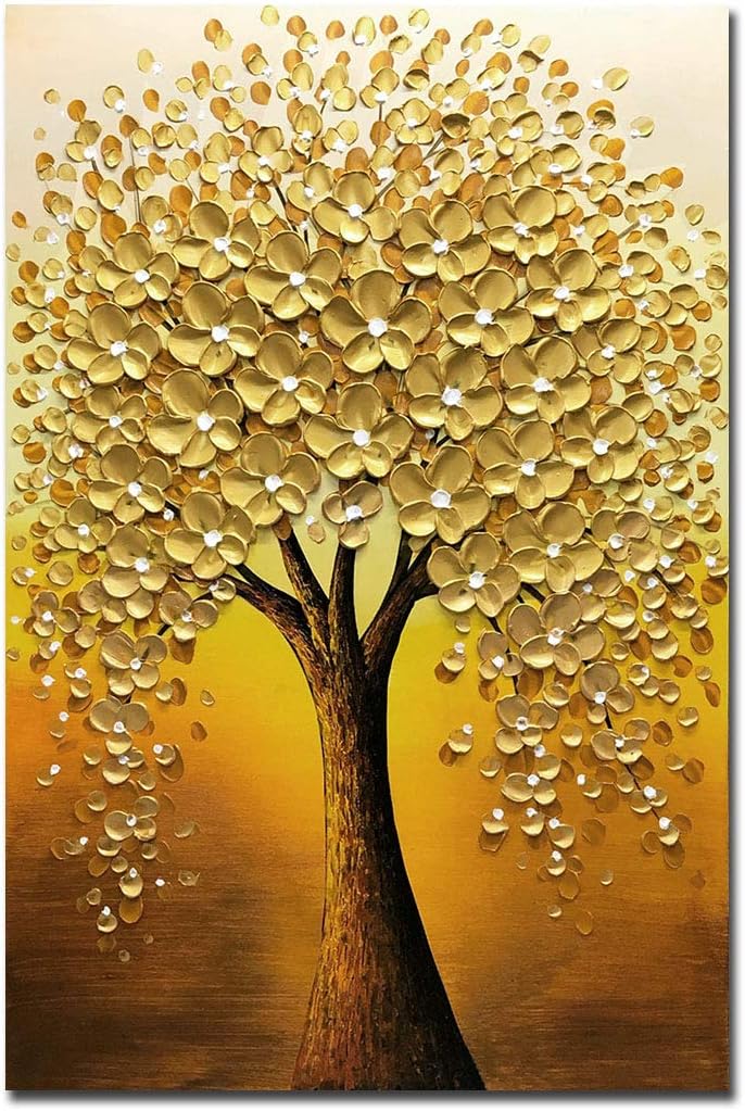 Yotree Abstract Oil Painting, 24x36 Inch Golden Flowers Tree, Hand-Painted on Canvas, Framed, Living Room Wall Art