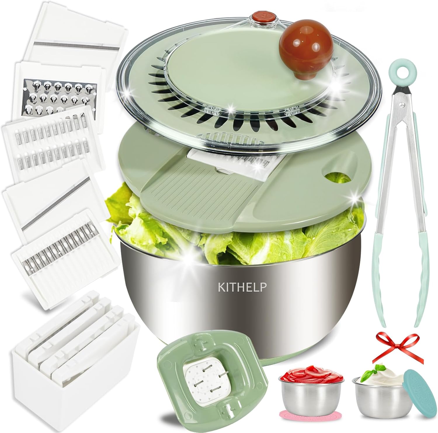 KITHELP Stainless Steel Salad Spinner Large, Vegetables Fruits Wash Bowl with Strainer, Lettuce Spinner Dryer with 5 Blades Slicer, Egg Yolk Strainer, Shredder for Efficient Salad Preparation 5.3Qt