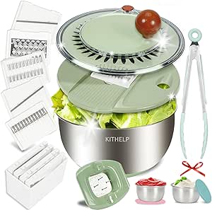 KITHELP Stainless Steel Salad Spinner Large 5.3 Qt with Slicing and Shredding Blades