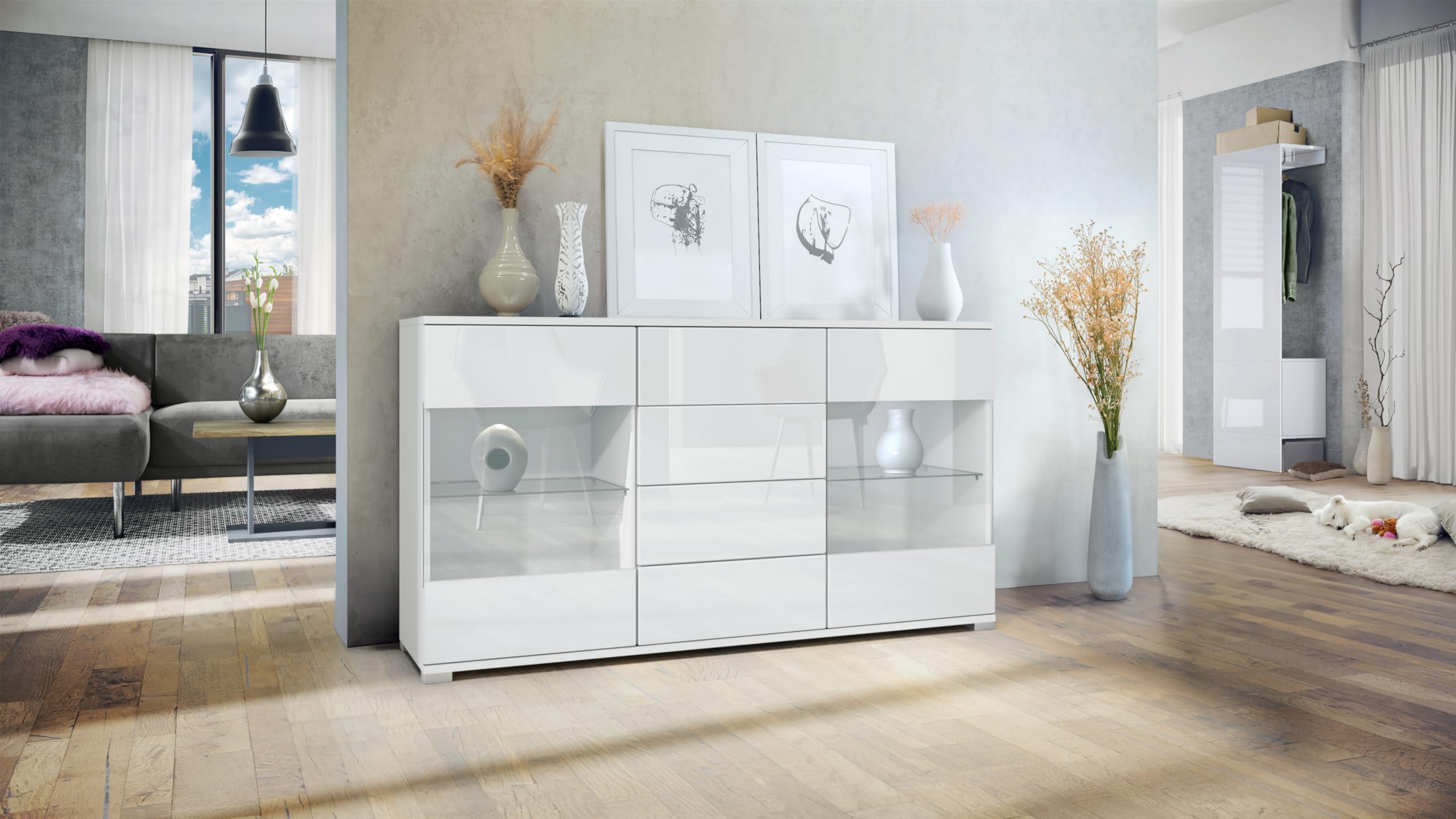 Vladon Cassettiera Bari V2 - Design Moderno, 166x72x35 Cm - Bianco Opaco E Quercia, 4 Cassetti E 2 Ante In Vetro - 4