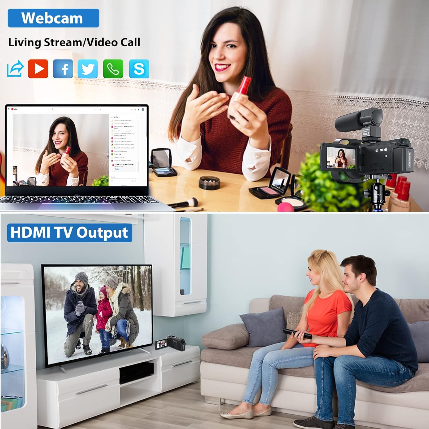 Camcorder connected to a laptop for webcam use and to a TV for HDMI output