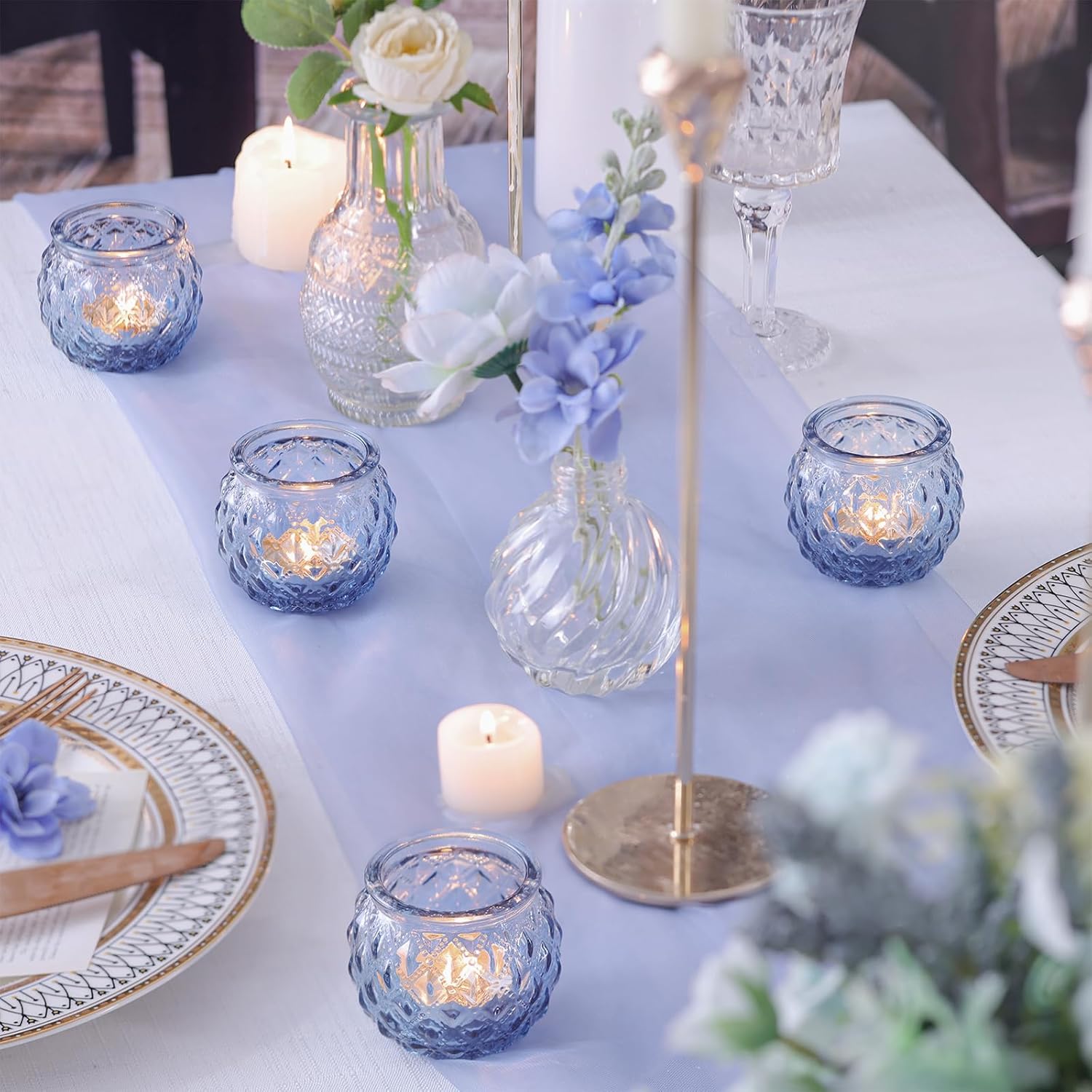 Generic DARJEN 12Pcs Blue Votive Candle Holders - Round Glass Candle Holders Bulk for Tea Light Candle, Diamond Texture Candle Votives for Wedding Centerpiece, Party & Home Decor