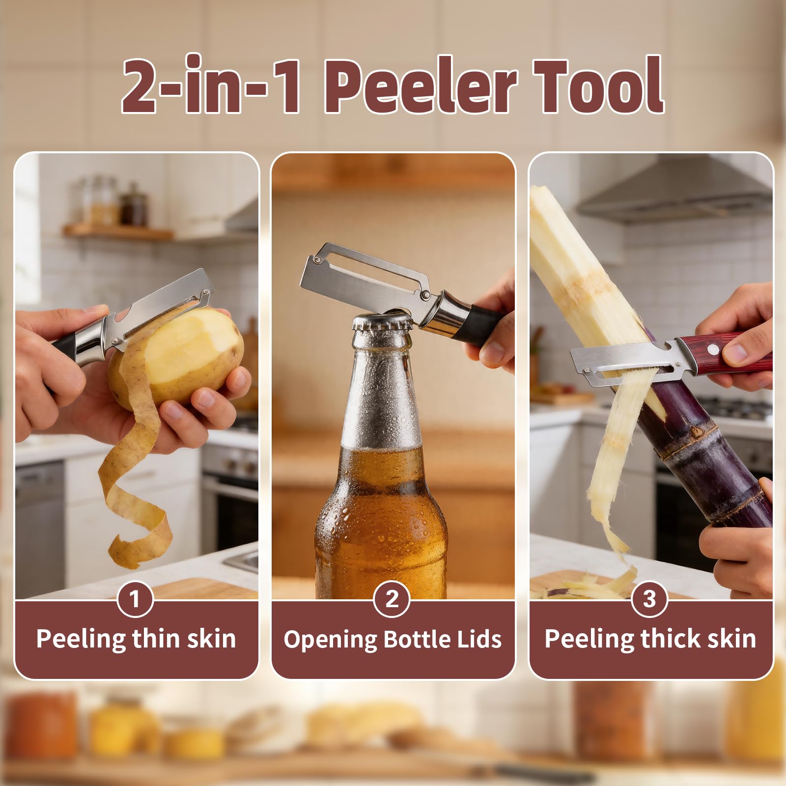 Multifunctional Vegetable Peeler, 2 in 1 Stainless Steel Fruit Veggie Peeler, Handheld Potato Peeler Knife with Bottle Opener Kitchen Tool for Peeling Carrrot Pineapple Pumpkin Papaya(2 Pack) — view 4