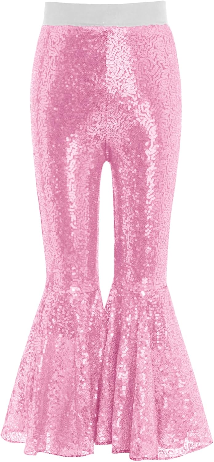 Freebily Kids Girls Sequin Bell Bottom Pants Glitter Sparkly Jazz Dance Trousers Shiny Elastic Waist Flare Pants