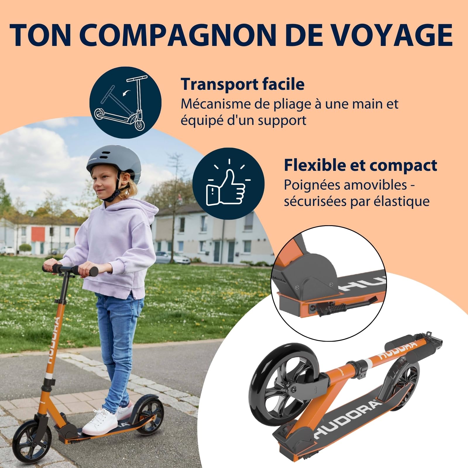 HUDORA Scooter Start 200 I Trottinette Robuste en Aluminium I Réglable en Hauteur et Pliable I pour Enfants et Adultes jusqu'à 100kg I Trottinette Solide avec béquille | Orange