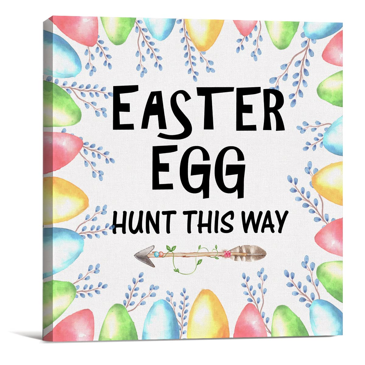 Easter Egg Hunt This Way Sign Canvas Wall Art 8 x 8 Inch Spring Easter Eggs Canvas Print Painting Framed Plaque Rustic Home Easter Décor