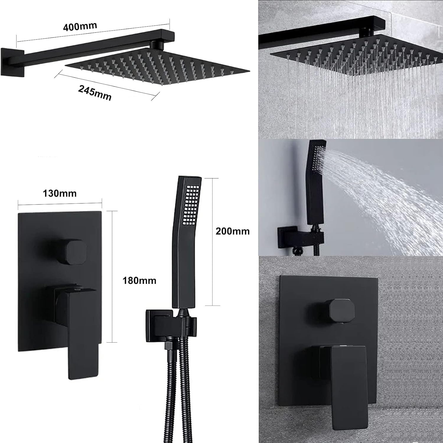 Grifo Ducha Negra Empotrada, Acero Inoxidable 304, 10 Pulgadas | 360° Duchas de Bano, Rociador Efecto Lluvia, Ajuste de Agua Fría y Caliente, Conjunto Grifo Duchas de Alta Presión