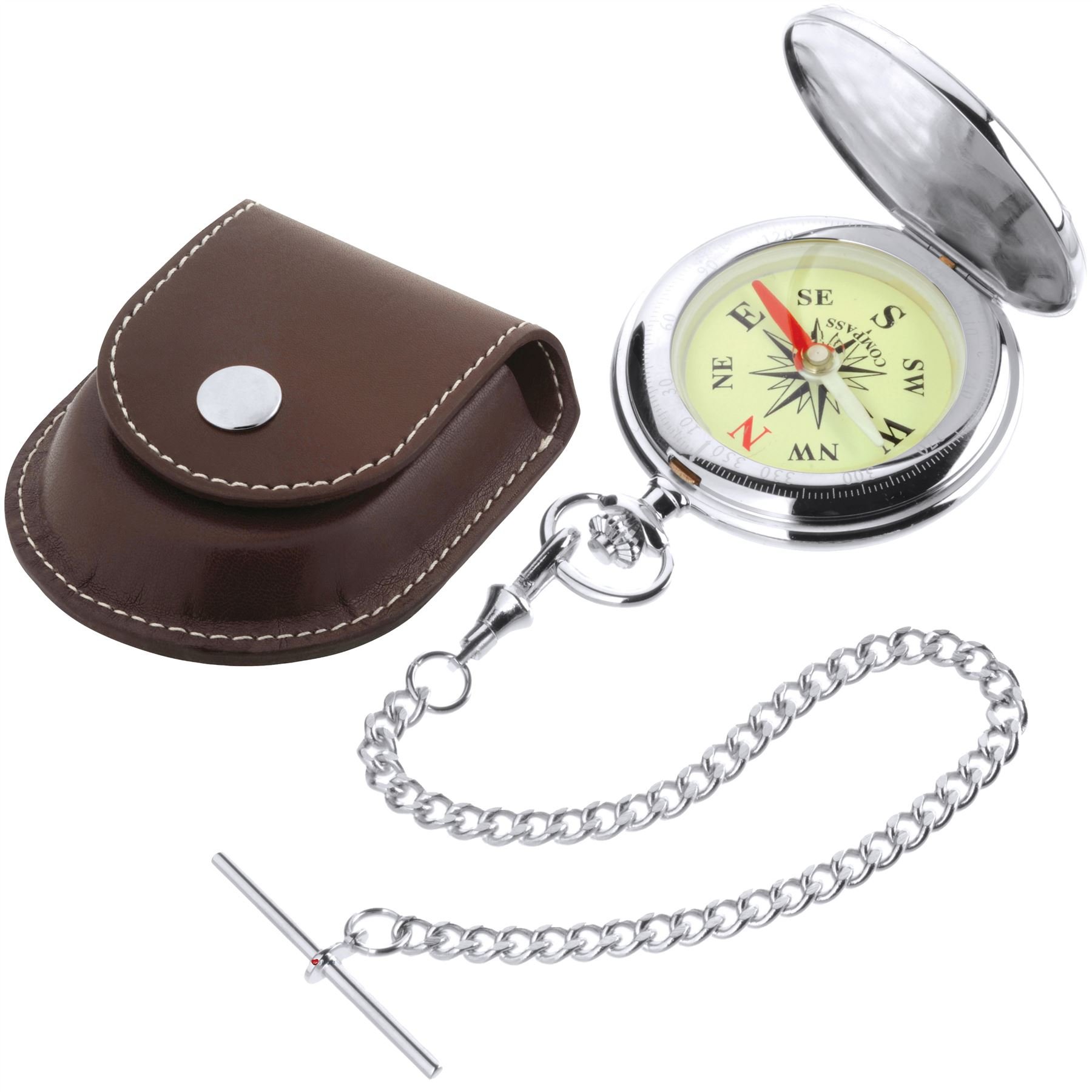 Military Style Pocket Compass Watch with Albert Chain Leather Case - Presentation Box