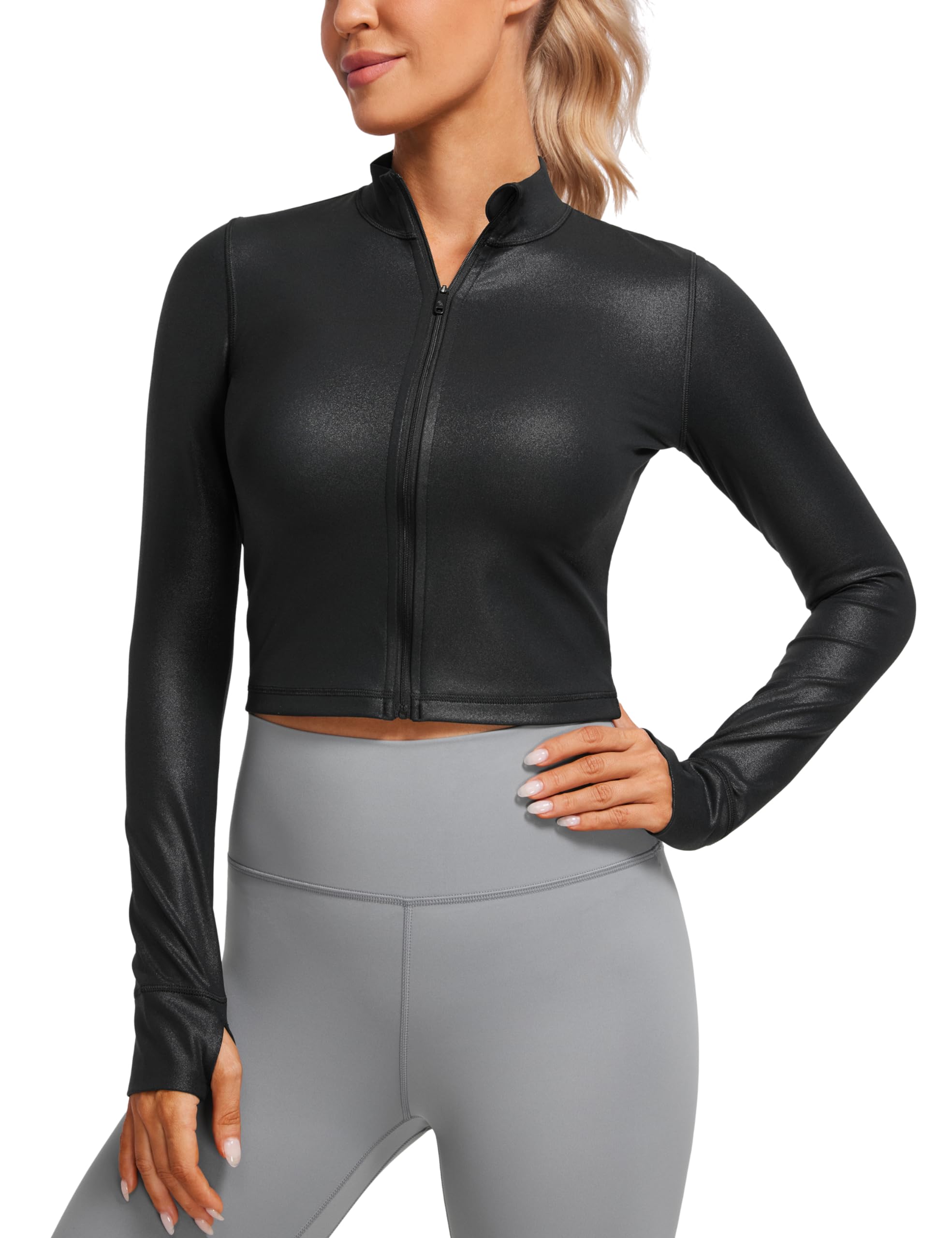 CRZ YOGA Damen Butterluxe Voller Reißverschluss Cropped Jacke Sport Pullover Slim Fit Gym Running Jacken mit Daumenloch