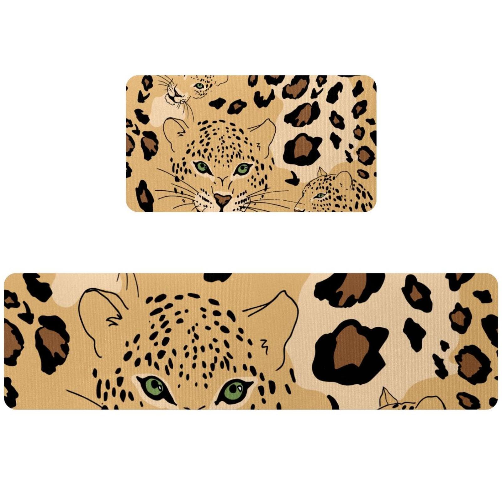 Tapete de cocina de 2 piezas con textura de leopardo y piel, alfombrilla antideslizante lavable