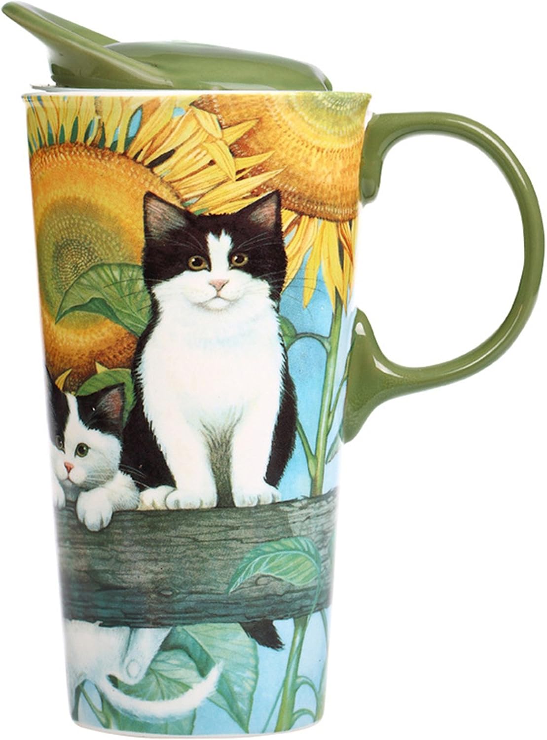CEDAR HOME Travel Coffee Ceramic Mug Porcelain Latte Tea Cup With Lid 17oz. Sunflower and Pet Cat