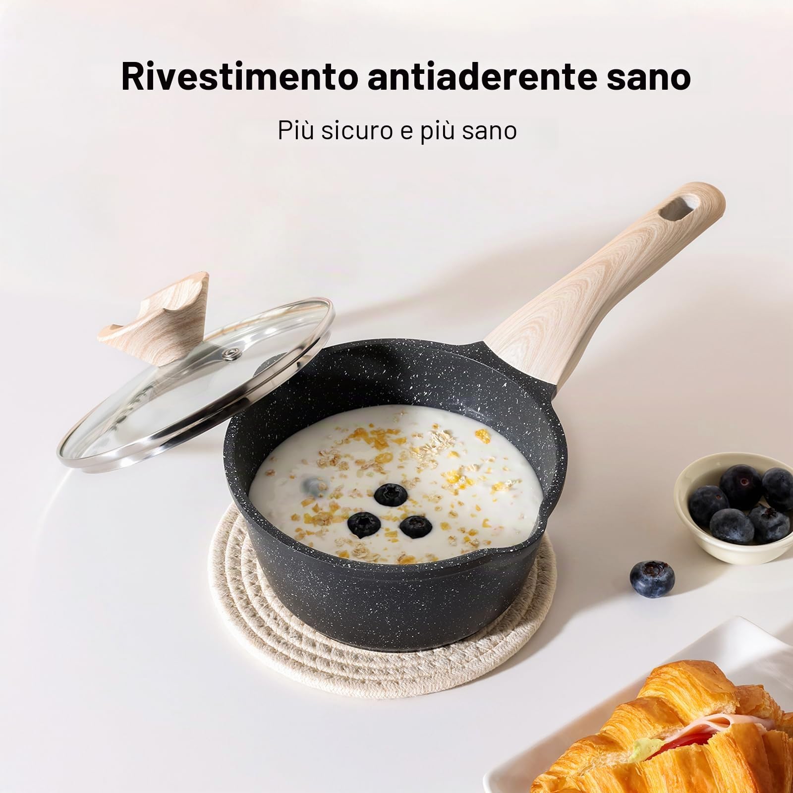 Set di pentole Kordisen con coperchi, da 16 cm e 20 cm, rivestimento in granito, doppio beccuccio per versare, facili da pulire, adatte ai piani cottura a induzione - Ideali per cucine piccole (Nero)