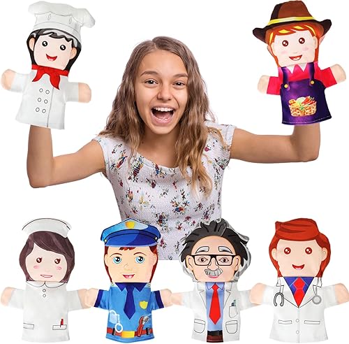 Poen Juego de marionetas de mano de 11.8 pulgadas, juego de marionetas de mano, científico, cocinero, enfermera, oficial de policía, agricultor