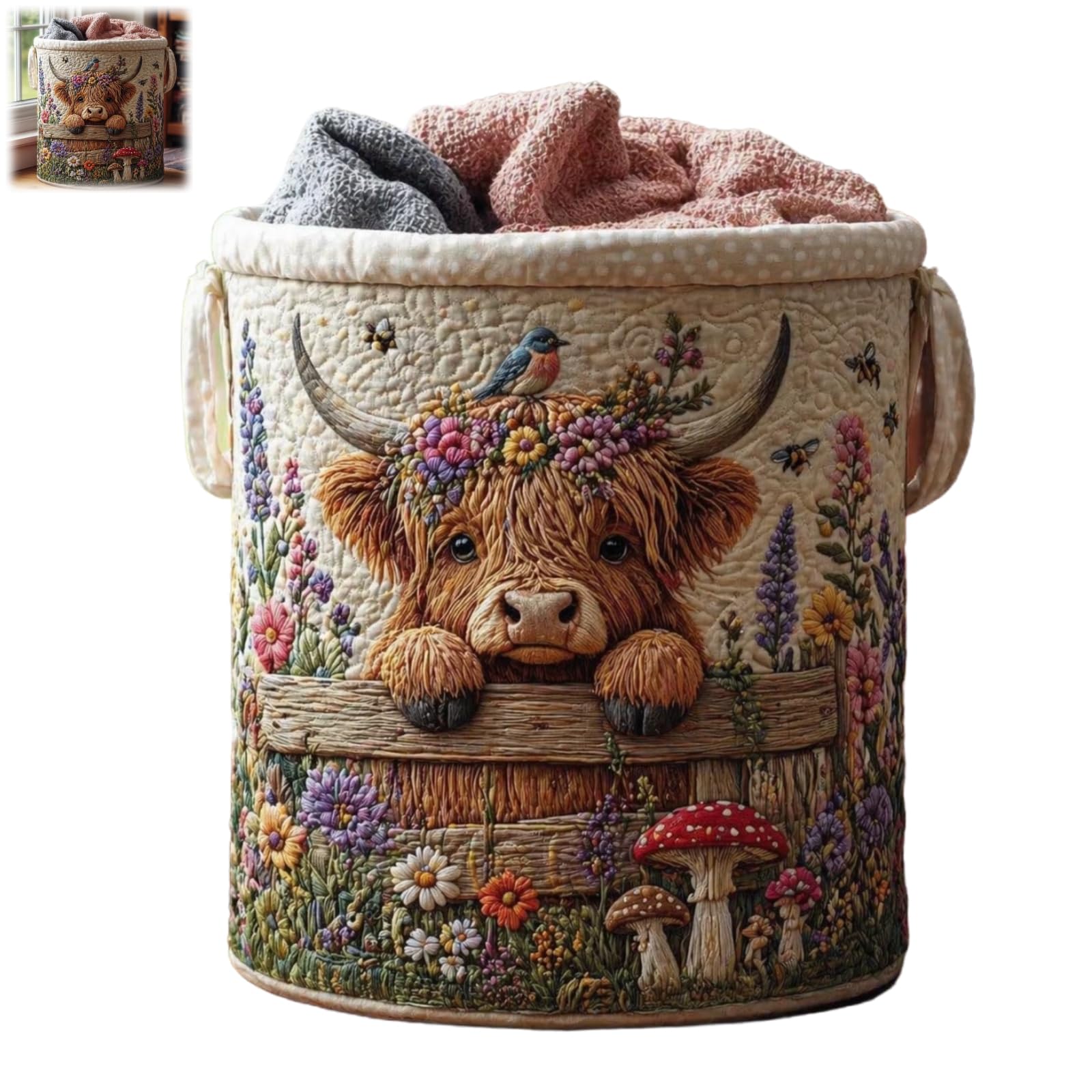 Highland Cow Garden Charm Storage Basket,Quilted Large Capacity Laundry Basket with Handles,Cute Rustic Farmhouse Home Organization Basket for Home Bathroom Bedroom (B, M)