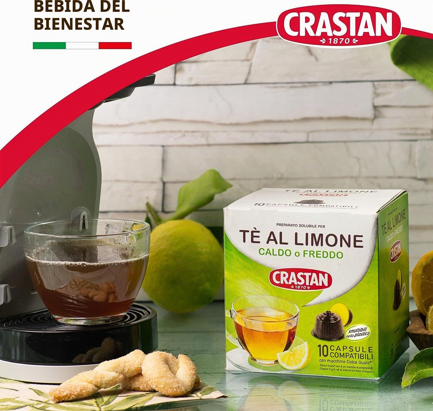 CRASTAN 1870 - Cápsulas compatibles Dolce Gusto - Té de limón - 6 cajas de 10 para un total de 60 cápsulas - Sin gluten