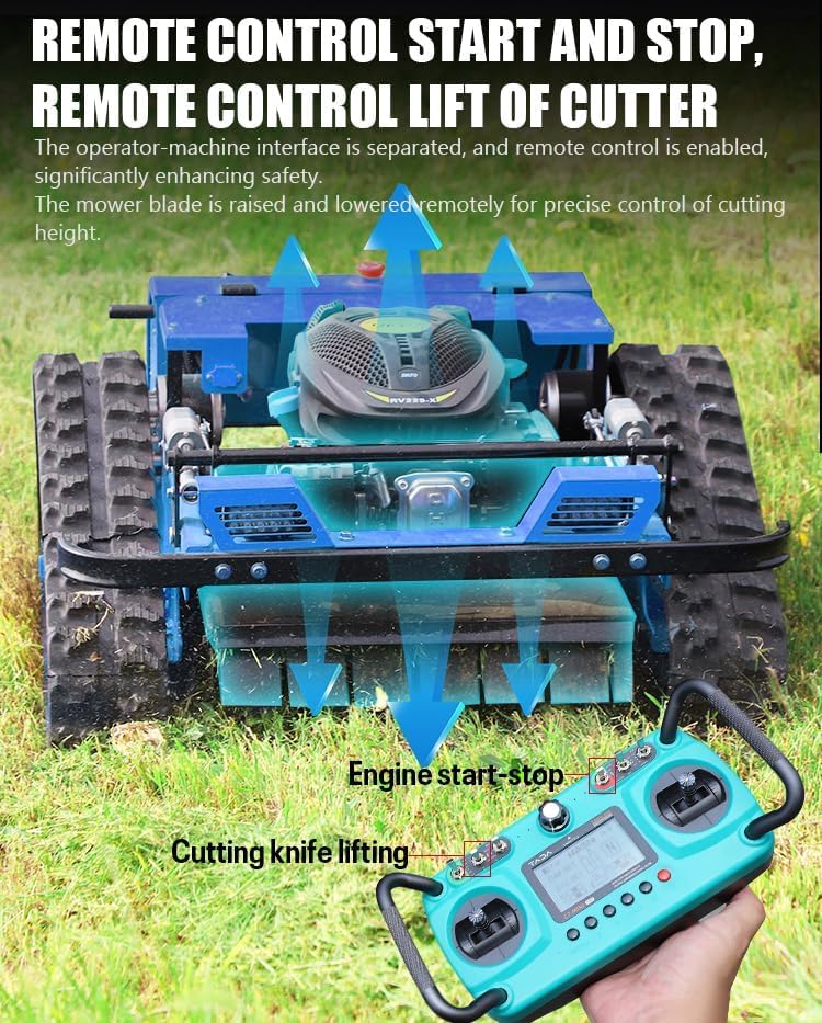 Image of Infront Remote Control Lawn Mower, Crawler Track All-Terrain System, Hybrid Oil-Electric Power for Steep Slopes and Large Lawns, Adjustable Cutting Height