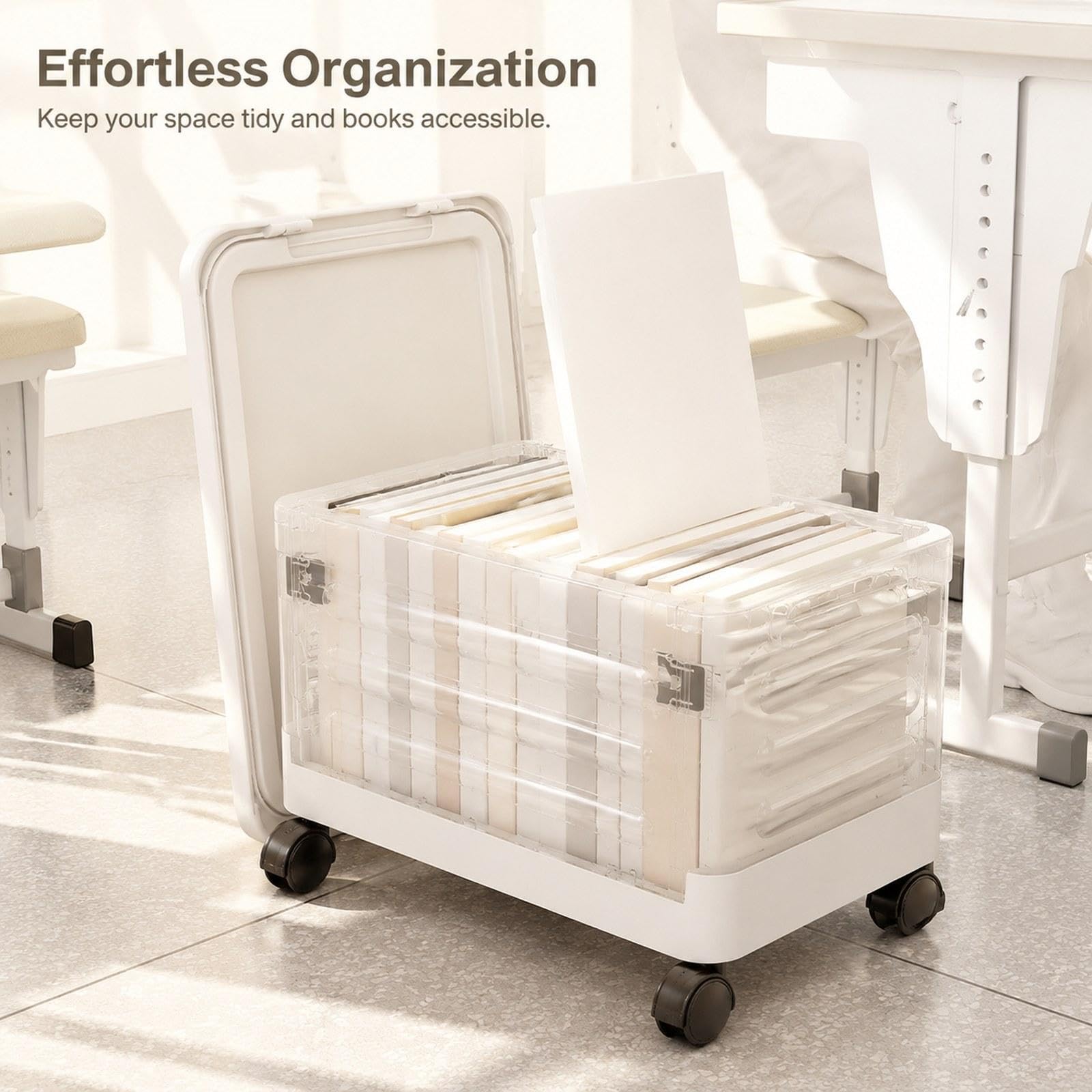 Qianly Carrello Pieghevole Portatile Cassetta con Manico Telescopico Ruote PP Multifunzione per Libri Spesa Organizzazione Cancelleria Materiale Didattico, Chiaro