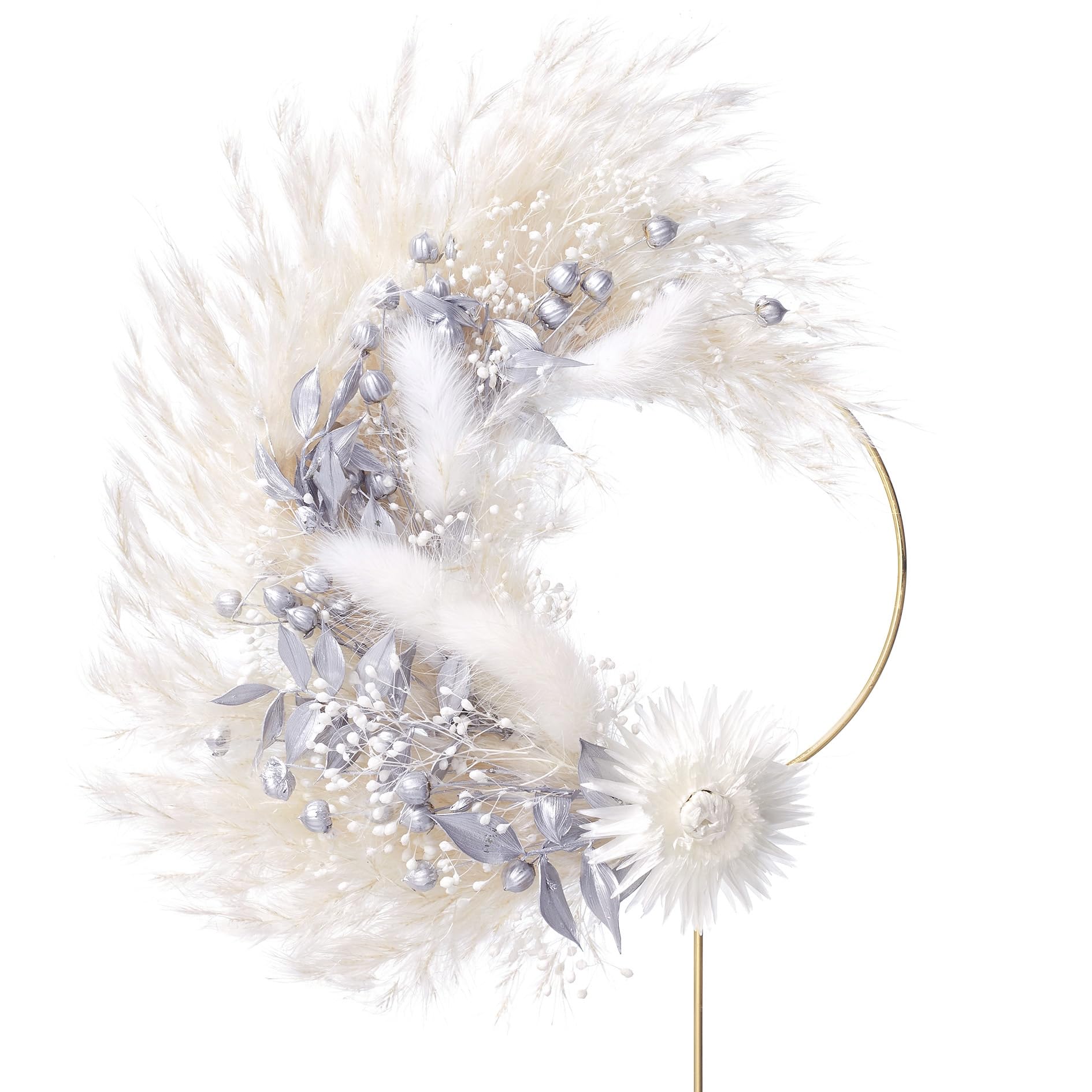 The Baked Studio - Boho Dried Flower Floral Ring Wreath Cake Topper For Cake Decorating For Birthdays Baby Shower Christening & Wedding (Silver & White)