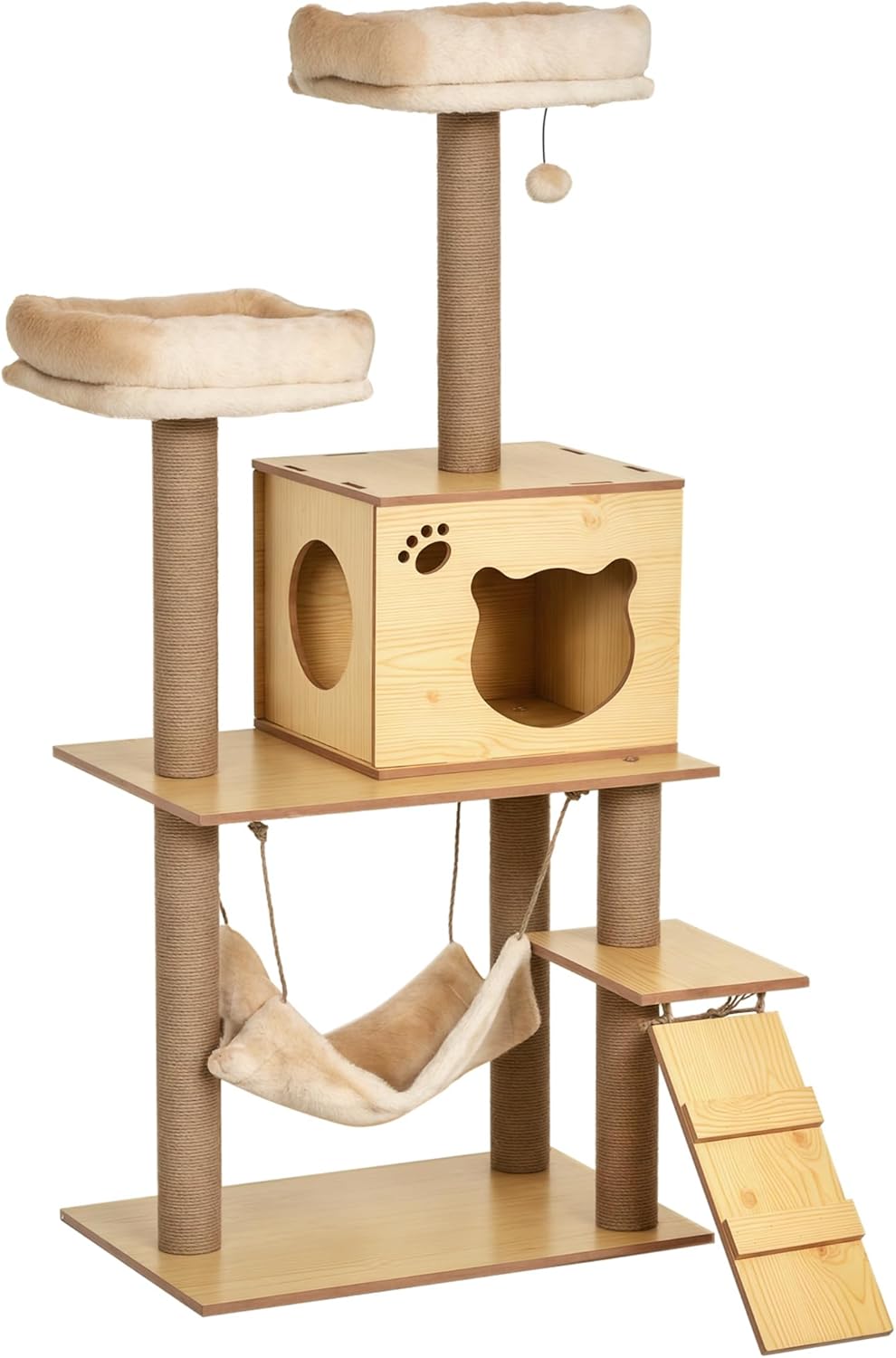 PawHut Wooden Cat Tree for Indoor Cats Climbing Tower for Large Cats with 5 Scratching Posts Hammock Toy Ball 130cm