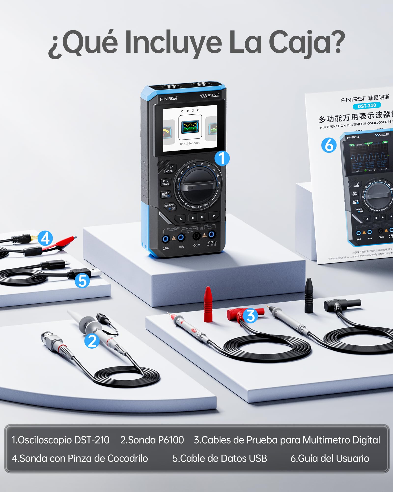 FNIRSI DST-210 Osciloscopio Portátil de Banda 10MHz, 19999 Cuentas, Digital Oscilloscope Multimeter DDS Generator 3IN1, Frecuencia de Muestreo 48MS/s, Voltaje CA/CC, Corriente, Condensador, Diodo