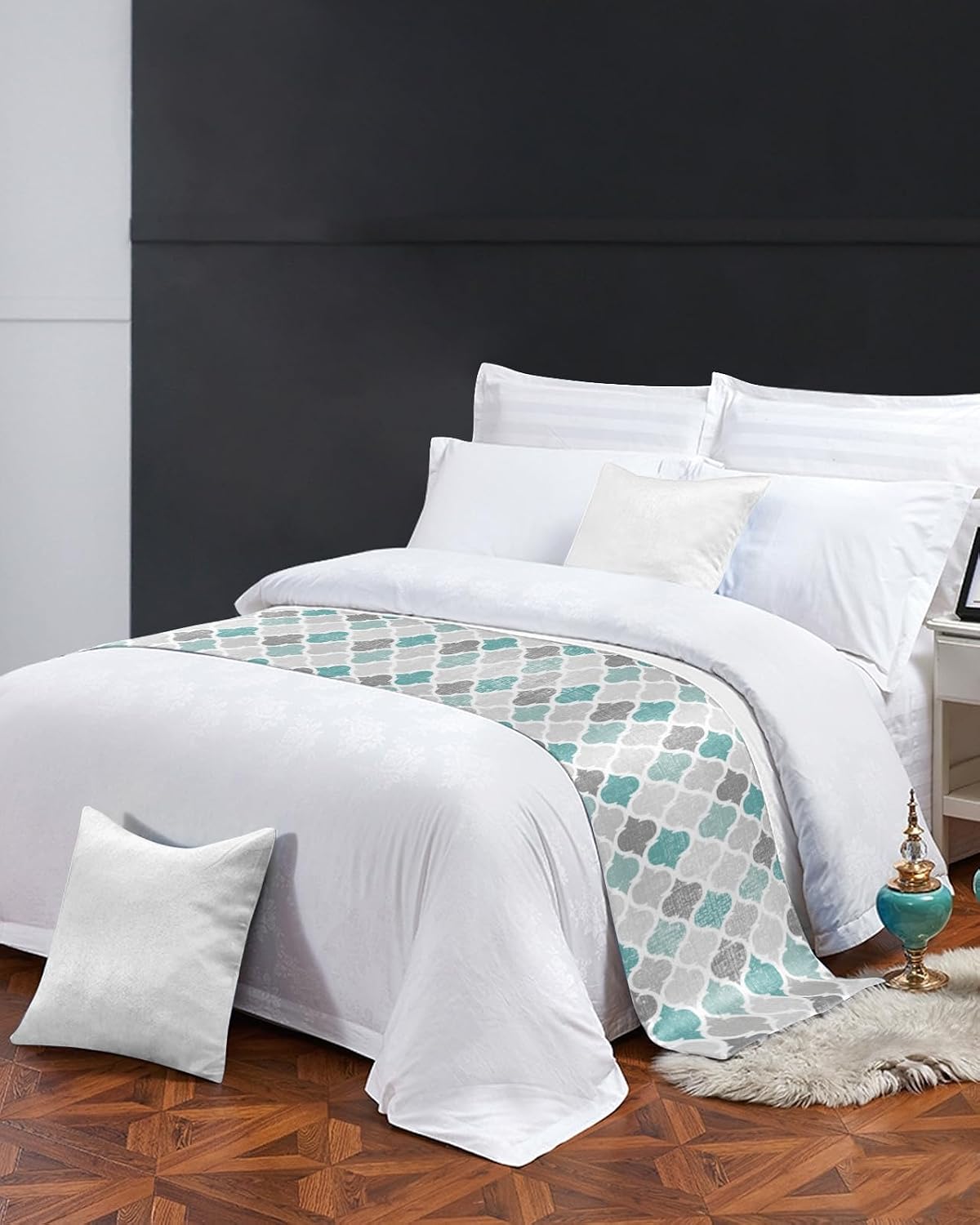 Teamery Bed Runners & Scarves, Retro Moroccan Pattern Cyan Gray and Turquoise Bed Runner, Bed Scarf Protector Decorative Accent Bedding Scarf for Hotels Homes and Guestrooms, 94 x 20 inches