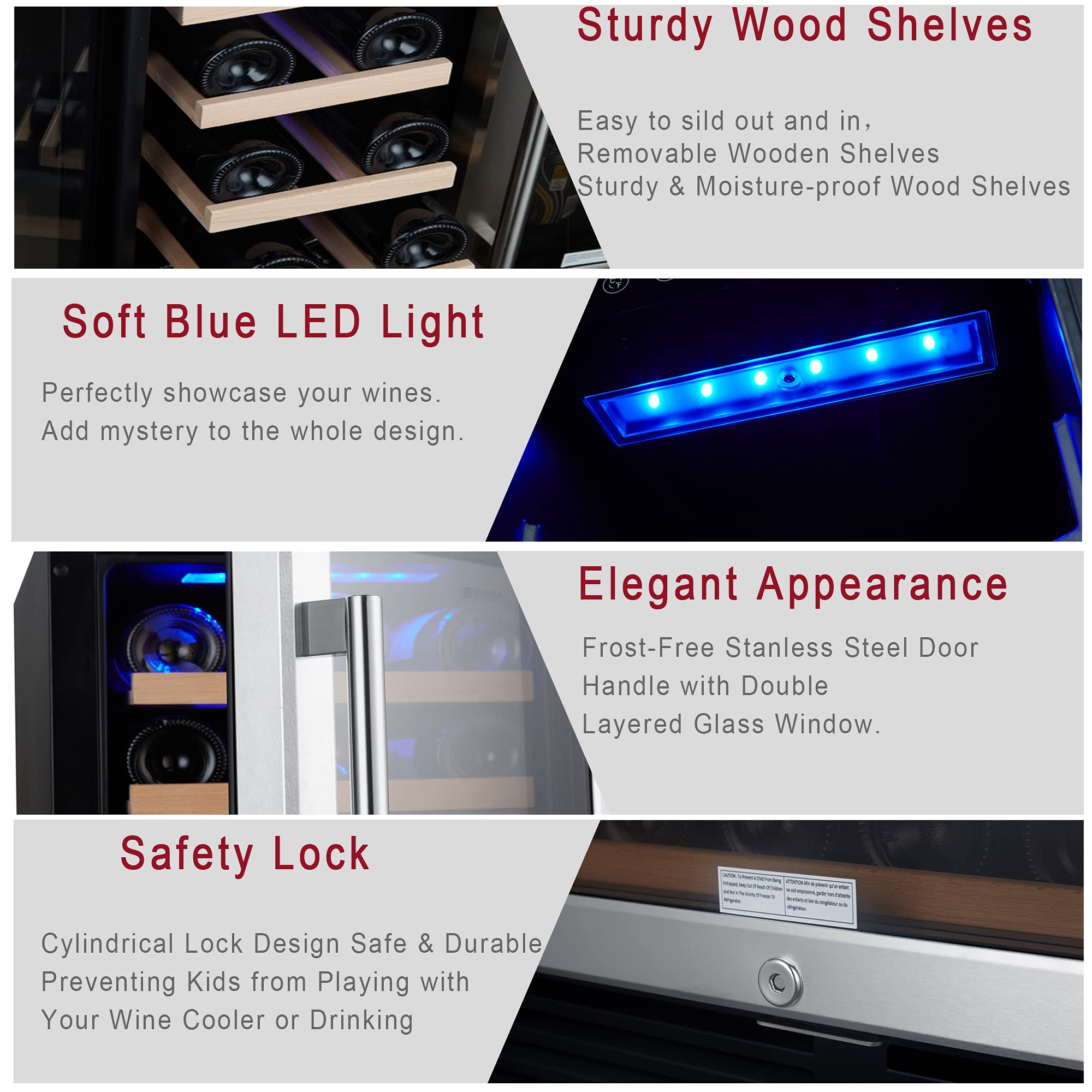Anwick 24" Wine Cabinet Refrigerator Dual Zone Built-In Or Freestanding Refrigerator Home Built-In Wine Cabinet With Stainless Steel Tempered Glass Door And Temperature Memory on Fridge.com - View 6