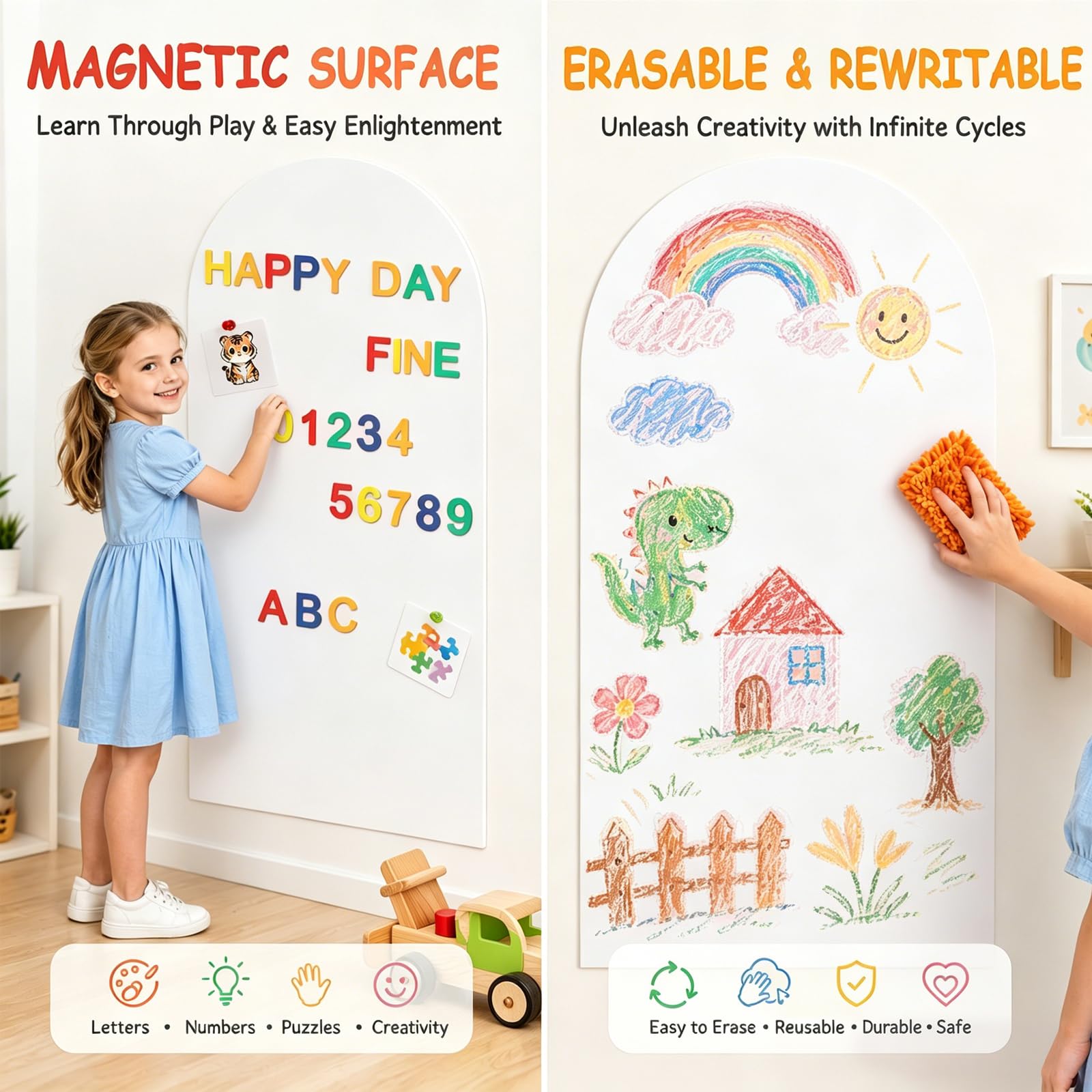 RANJIMA Adhesivo de pared magnético de 100 x 45 cm, pared magnética autoadhesiva para dibujar y escribir, lámina magnética regrabable con accesorios, pizarra magnética para casa, oficina, aprendizaje