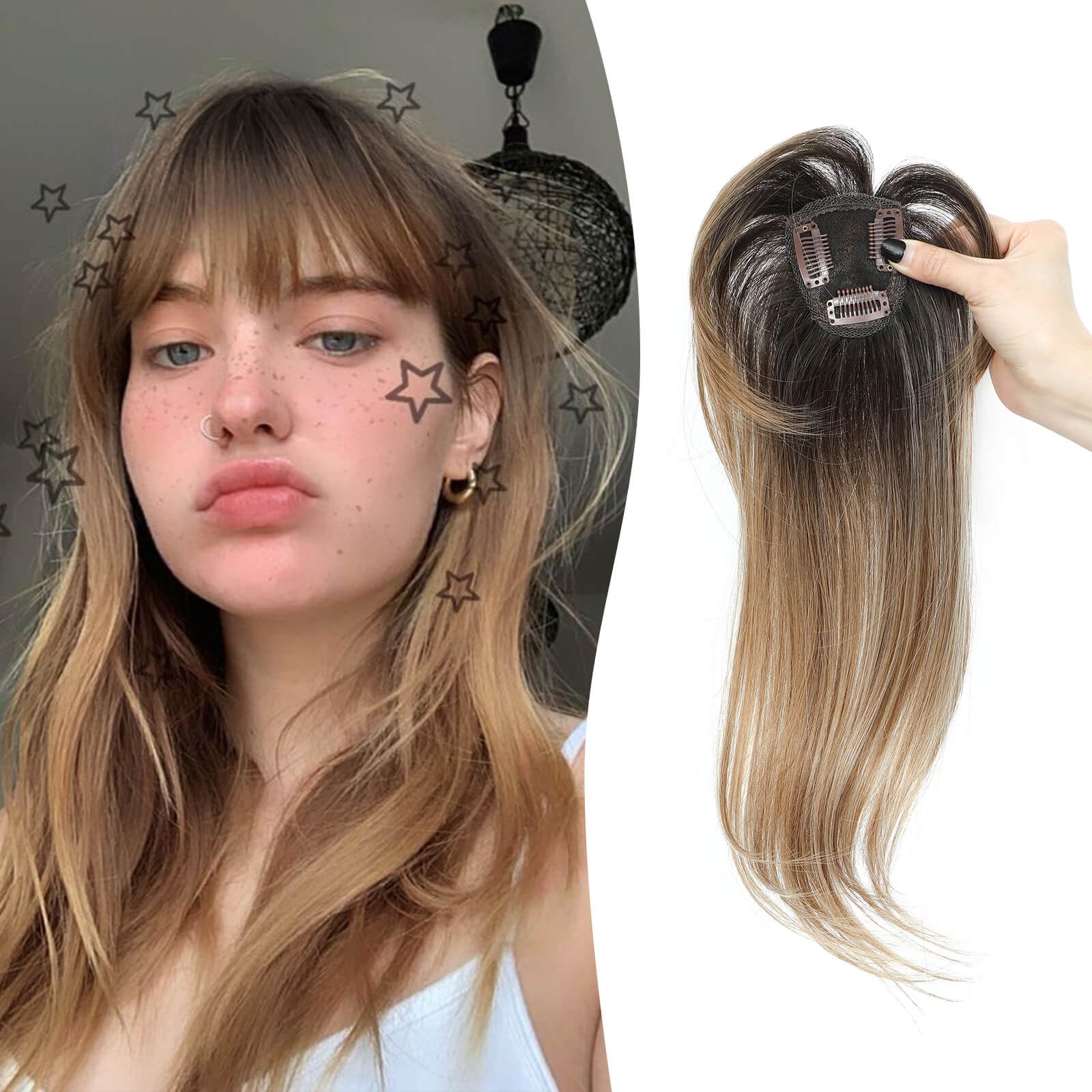 Bangs with Hair, 360° Fake Bangs Hair French Bangs Clip in Hair Extensions, Clip in Bangs Blonde Hair Bangs for Women with Hairpieces Clip in Bangs for Daily Wear (Ombre Brown Blonde)