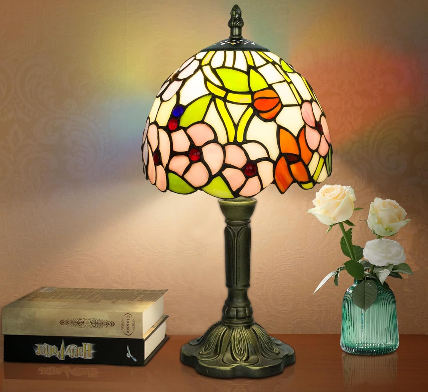 Crefotu Tiffany Style Table Lamp, 3 Color Temperatures Bedside Lamp, 8 Inch Stained Glass Desk Light for Home Office Bedroom Living Room (Four-Leaf Flower Pattern)