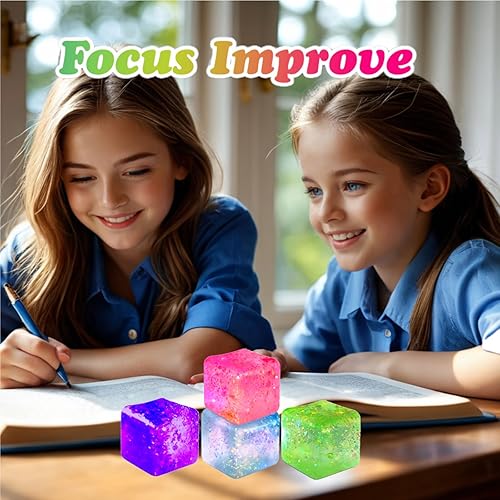 Vista 11 de Paquete de 3 cubos esponjosos con purpurina, juguetes para la ansiedad para niños, cubos de gel para estrés de crecimiento lento para adultos, cubos