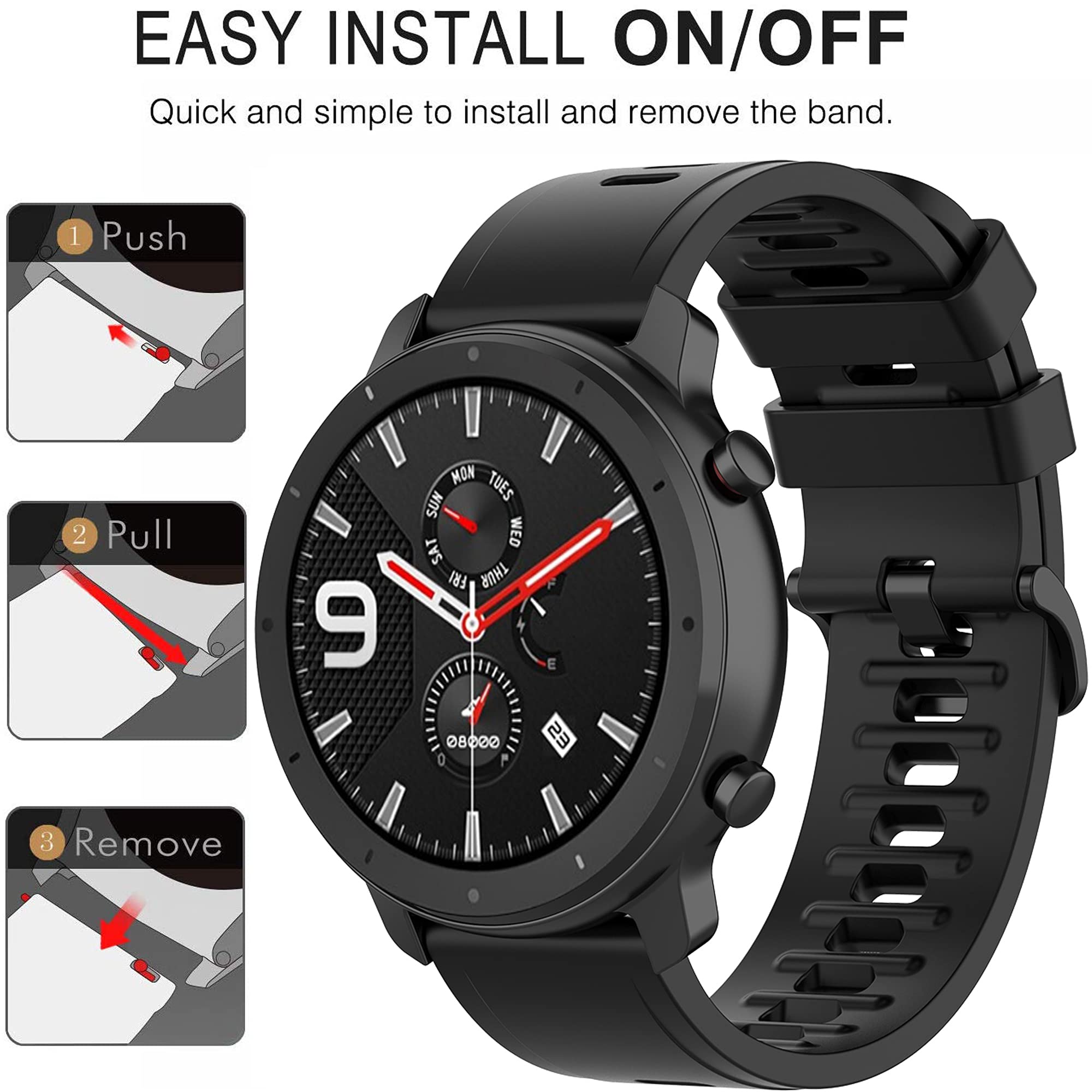 Bracelet de rechange en silicone pour Amazfit Bip 6/Bip 5, 22 mm à dégagement rapide pour montre connectée Amazfit GTR 4/3/3 Pro/2/2e/GTR 47 mm (sans tracker)