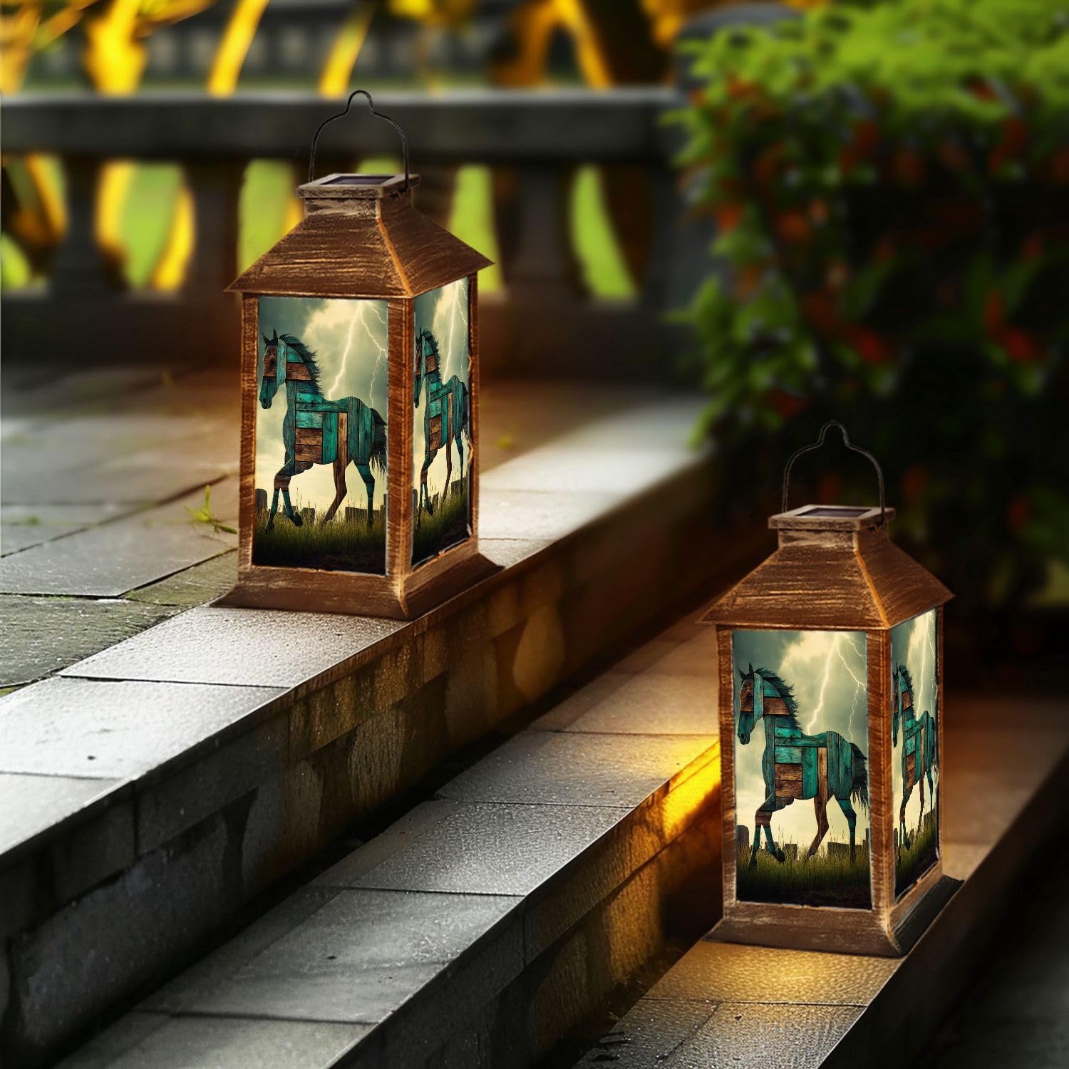 Solar Lights Outdoor Graceful Galloping Horse Art Against Powerful Stormy Sky Garden Hanging Solar Powered Lantern Waterproof Camping Tents Lantern for Patio Deck 1 Pack