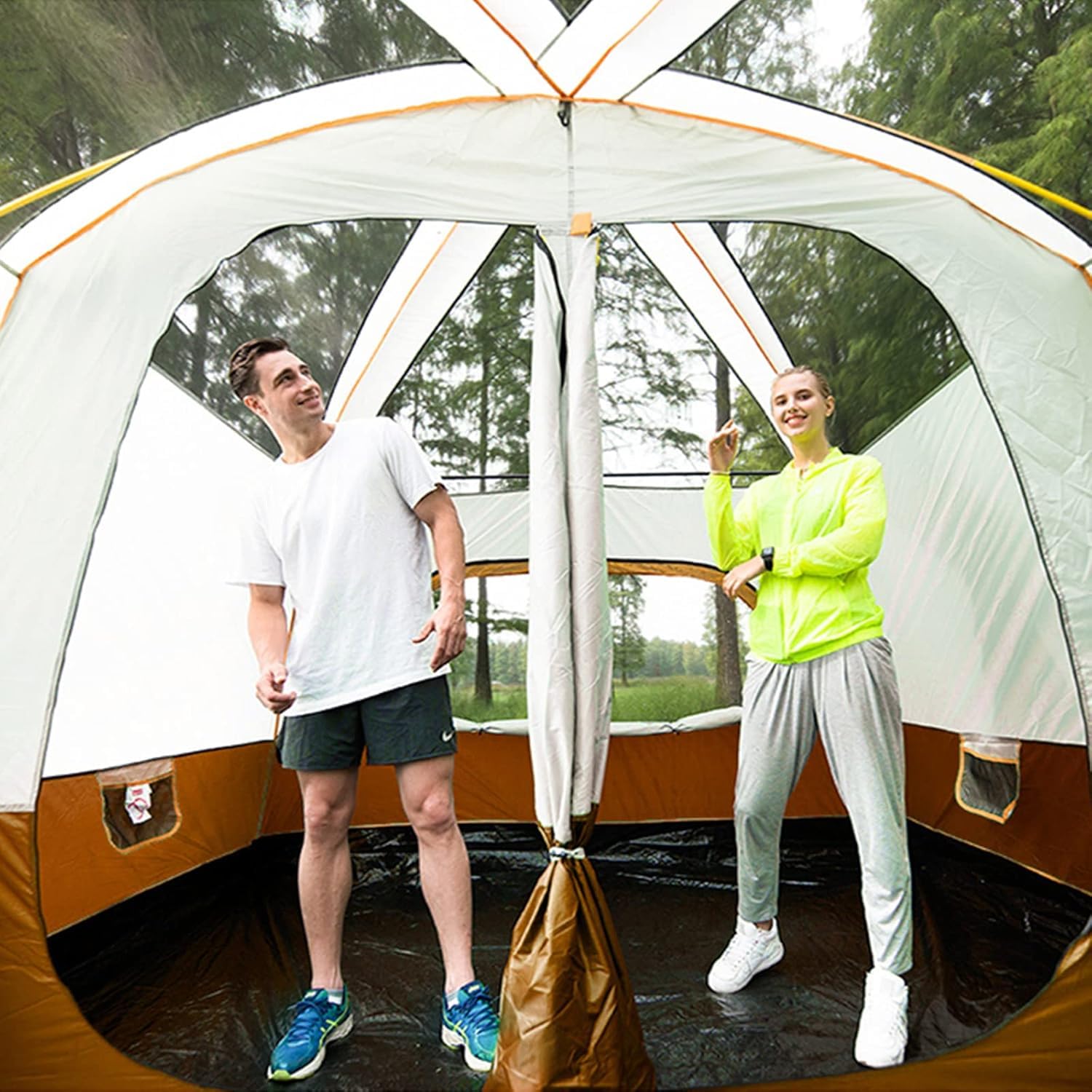 Tende da Campeggio con Portico, Tenda Istantanea Tenda da Campeggio Automatica, Impermeabile Antivento Facile da Installare in Pochi Minuti Ideale per Viaggi in Auto in Fa, Orange, 320 * 220 * 195cm