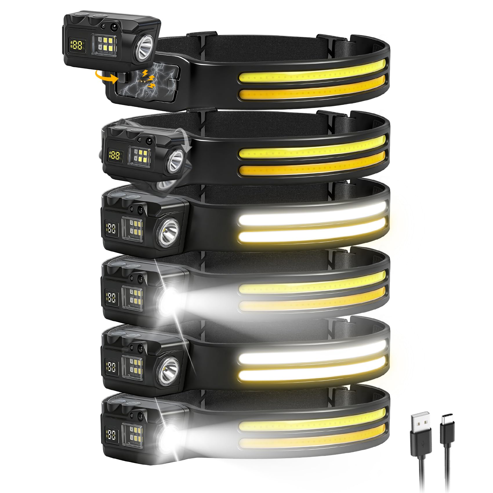 Stirnlampe, wiederaufladbar, 6er-Pack, 230° COB Weitstrahl-Stirnband, Mini-LED-Stirnlampe mit abnehmbarem Magnetbefestigungsdesign, 3 + 5 Modi für Outdoor, Camping, Angeln, Laufen