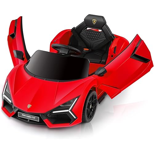 ELEMARA Kids Lamborghini Electric Cars with Scissor Doors, Remote Control Battery Kids Car, 12V Ride On Car for Toddlers with LED Light,Bluetooth,MP3 Player and Wide Seat, Deep Red