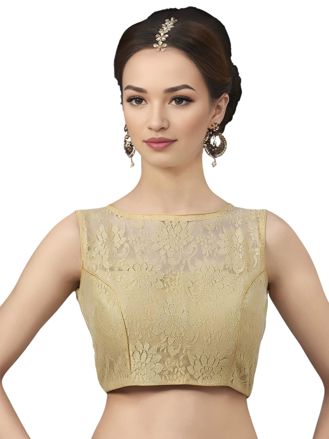 biyu Women's Floral Net High Neck Sleeveless Readymade Saree Blouse | Indian Ethnic Designer Stitched Handmade-picture-13
