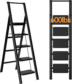 JOISCOPE 5 Step Ladder,Folding Step Stools for Adults with Wide Anti-Slip Pedal, 600lbs Lightweight Sturdy Steel Ladder,Convenient Handgrip,Portable Folding Ladder for Home Kitchen Office,Black