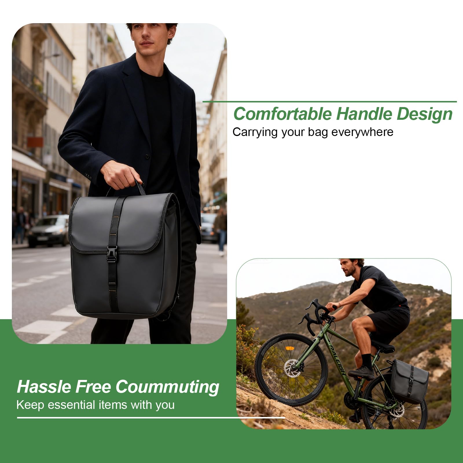 Fahrradtaschen für Gepäckträger 20L mit Tragegriff, 𝟔𝟎𝟎𝐃 Oxford-Gewebe 100% Wasserdicht Gepäckträgertasche, Fahrradtasche Gepäckträger Hinten für Fahrradpendler, Touren, Schwarz