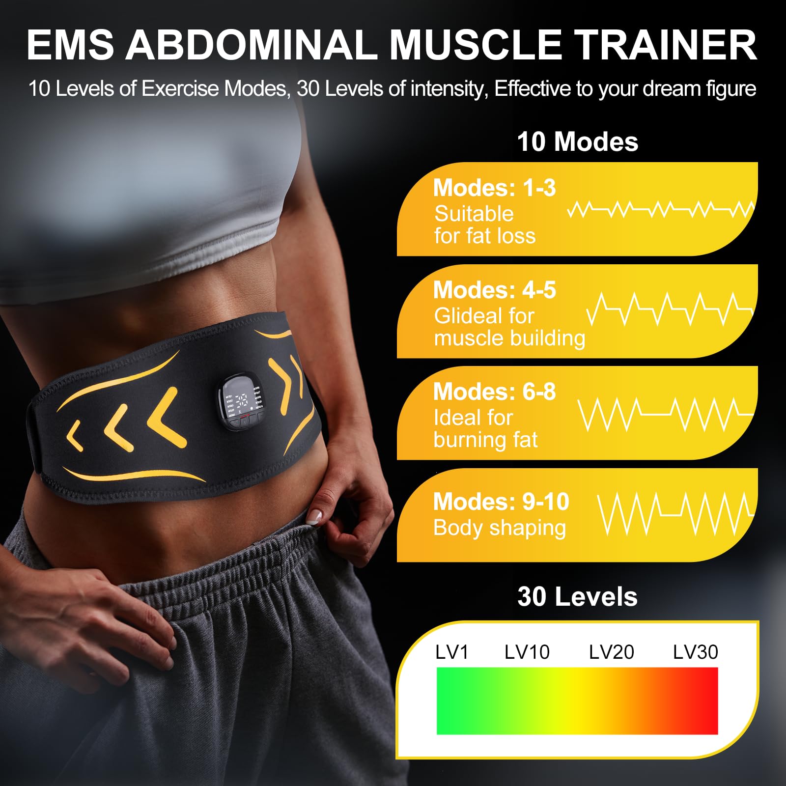Electroestimulador Abdominal,EMS Estimulador Muscular con 10 Modos 30 Intensidades E Indicador De Consumo De CaloríAs para Hombres Y Mujeres