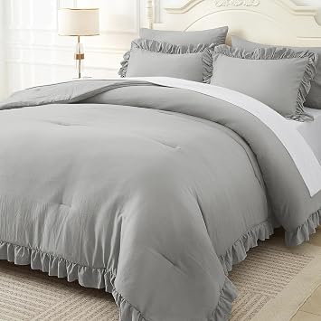 ARTALL Twin Comforter Set Reyna Ruffled Comforter Sets 2 Pieces with 1 Pillow Sham, Vintage Farmhouse Shabby Chic Bedding Soft Fluffy Comforter Set All Season for Teens and Girls, Light Grey