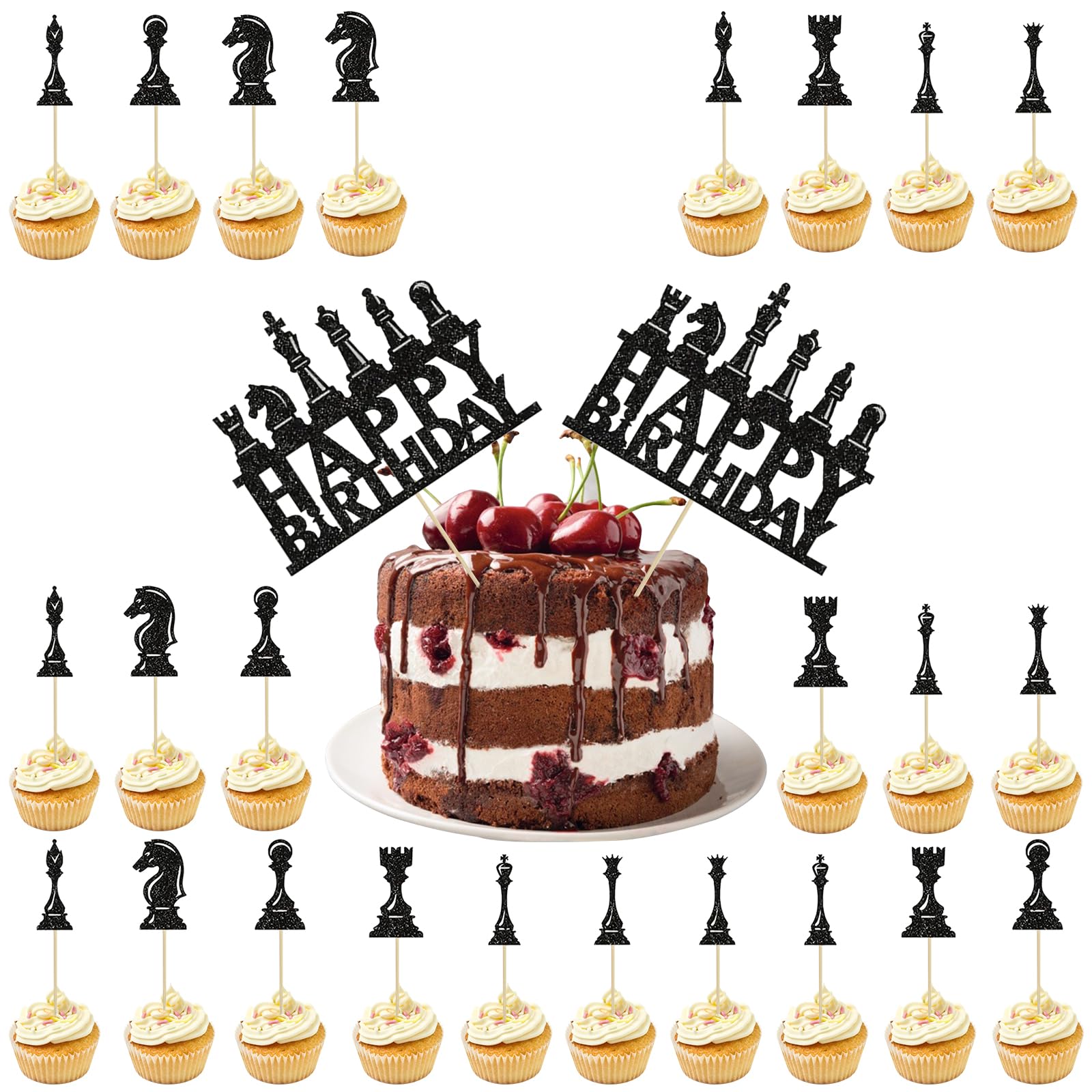 26 Pcs Chess Cake Toppers, Chess Birthday Cake Decorations, Chess Party Supplies, Happy Birthday Cake Topper, Kids Birthday Party Cake Decorations Supplies