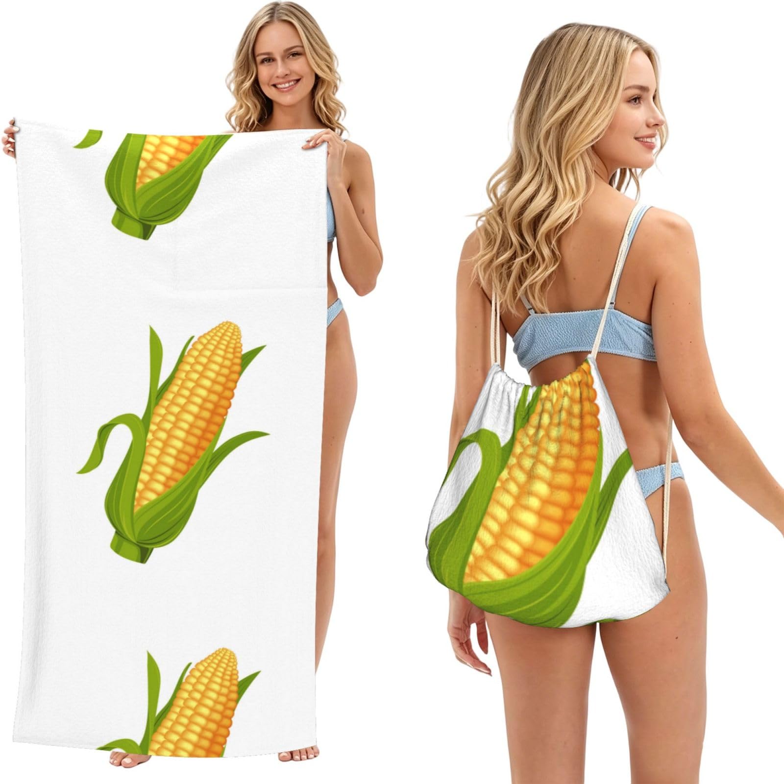 Poadnly As Picture Fresh Ripe Corn Cobs Pattern, 2 In 1 Packable Towel Bag, Beach Towels With Drawstring Backpack For Travel Holiday Camping