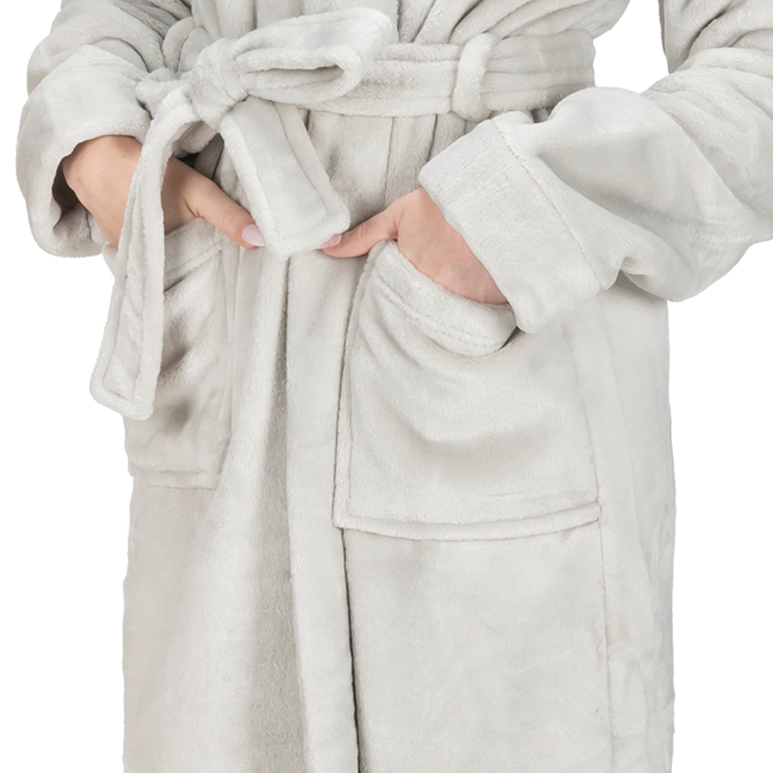 MONHOUSE Womens Dressing Gown - Premium Super Soft & Cosy Long Bathrobe - Ladies Thick Flannel Luxury Housecoat - Warm Fluffy Shearling Spa Robe for Her - Sherpa Bathrobe - Silver - UK 12-14