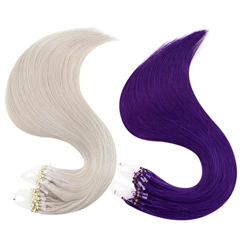 RUNATURE Extensiones de cabello humano de 16 pulgadas, color morado con microenlaces, 25 hebras, 25 hebras y rubio hielo, extensiones de cabello