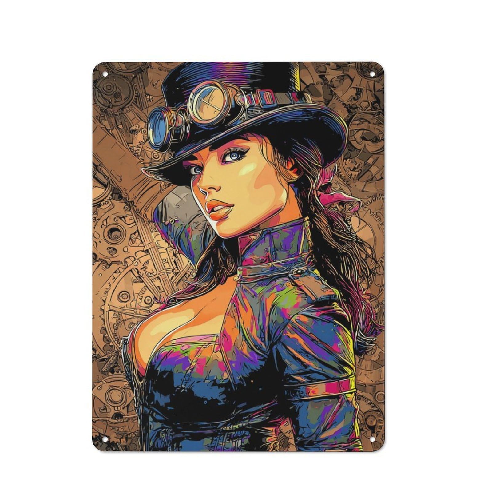 Junmoney Steampunk Fashion Illustration Rustic Metal Sign 40X30cm For Café Or Restaurant, Suited To Café Owners And Decorators