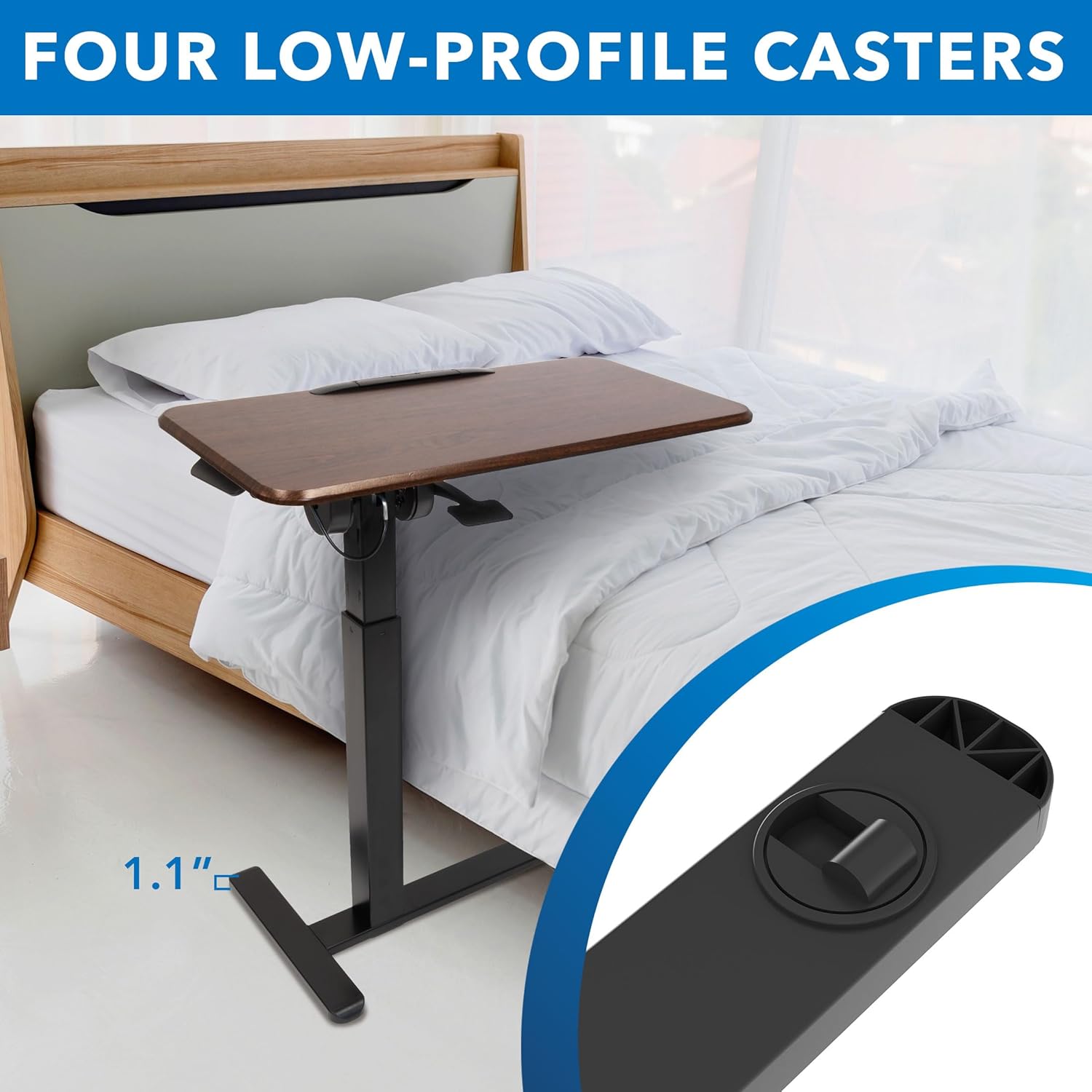 Adjustable Walnut Overbed Table with Tilting Top and Steel Base